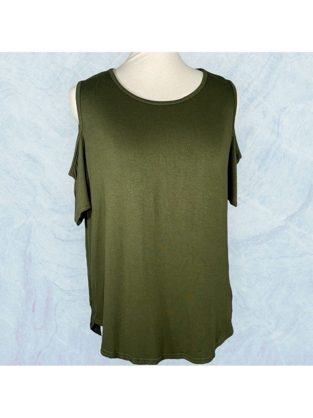 Boohoo t-shirt top cold shoulder round curved hem crew neck khaki green size 10